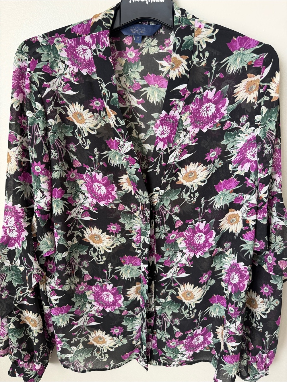 RACHEL Rachel Roy Black Sheer Blouse with Purple Floral Print